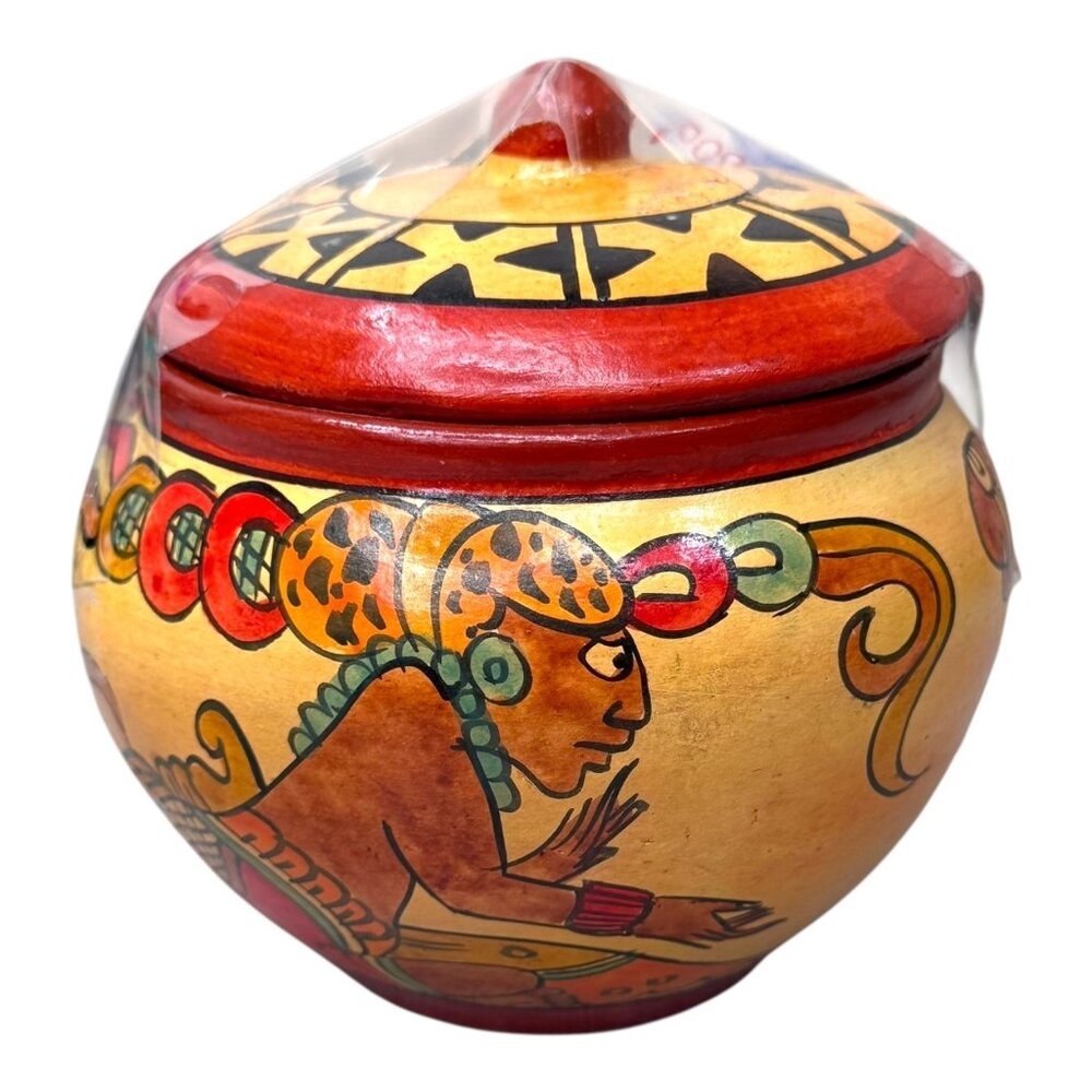 Vintage Mayan Pottery Clay Redware Small Lidded Jar Ceremonial Design 5" Tribal